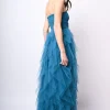 Abito lungo a bustier in tulle con volants