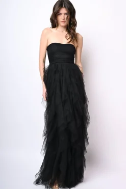 Abito lungo a bustier in tulle con volants