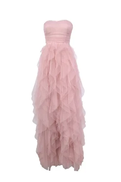 Abito lungo a bustier in tulle con volants