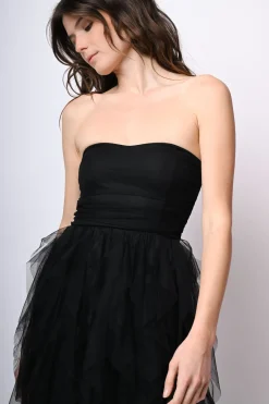 Abito lungo a bustier in tulle con volants