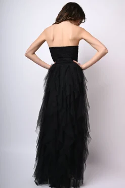 Abito lungo a bustier in tulle con volants