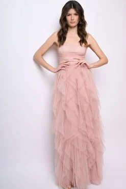 Abito lungo a bustier in tulle con volants