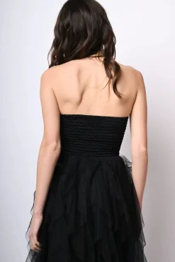 Abito lungo a bustier in tulle con volants
