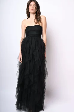 Abito lungo a bustier in tulle con volants