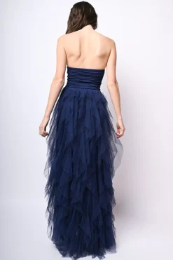 Abito lungo a bustier in tulle con volants