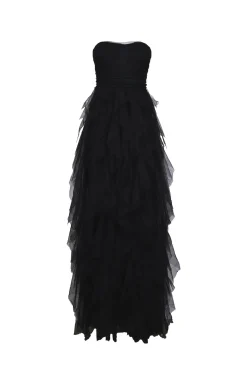 Abito lungo a bustier in tulle con volants