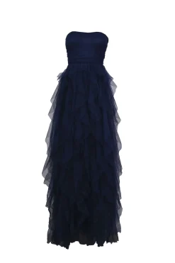 Abito lungo a bustier in tulle con volants