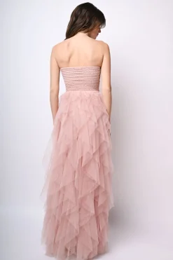 Abito lungo a bustier in tulle con volants