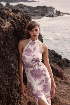 Abito lungo in jacquard floreale