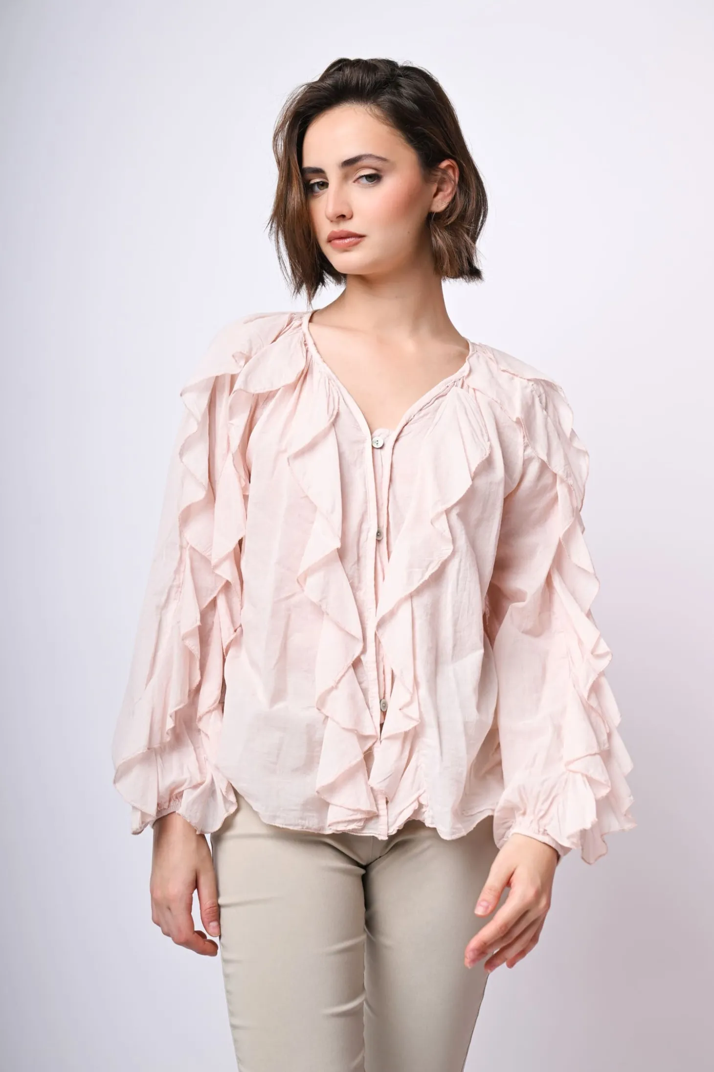 Camicia in mussola di cotone con volants