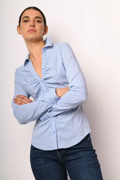 Camicia misto cotone a righe con arricciatura