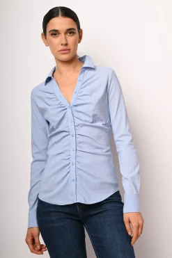 Camicia misto cotone a righe con arricciatura
