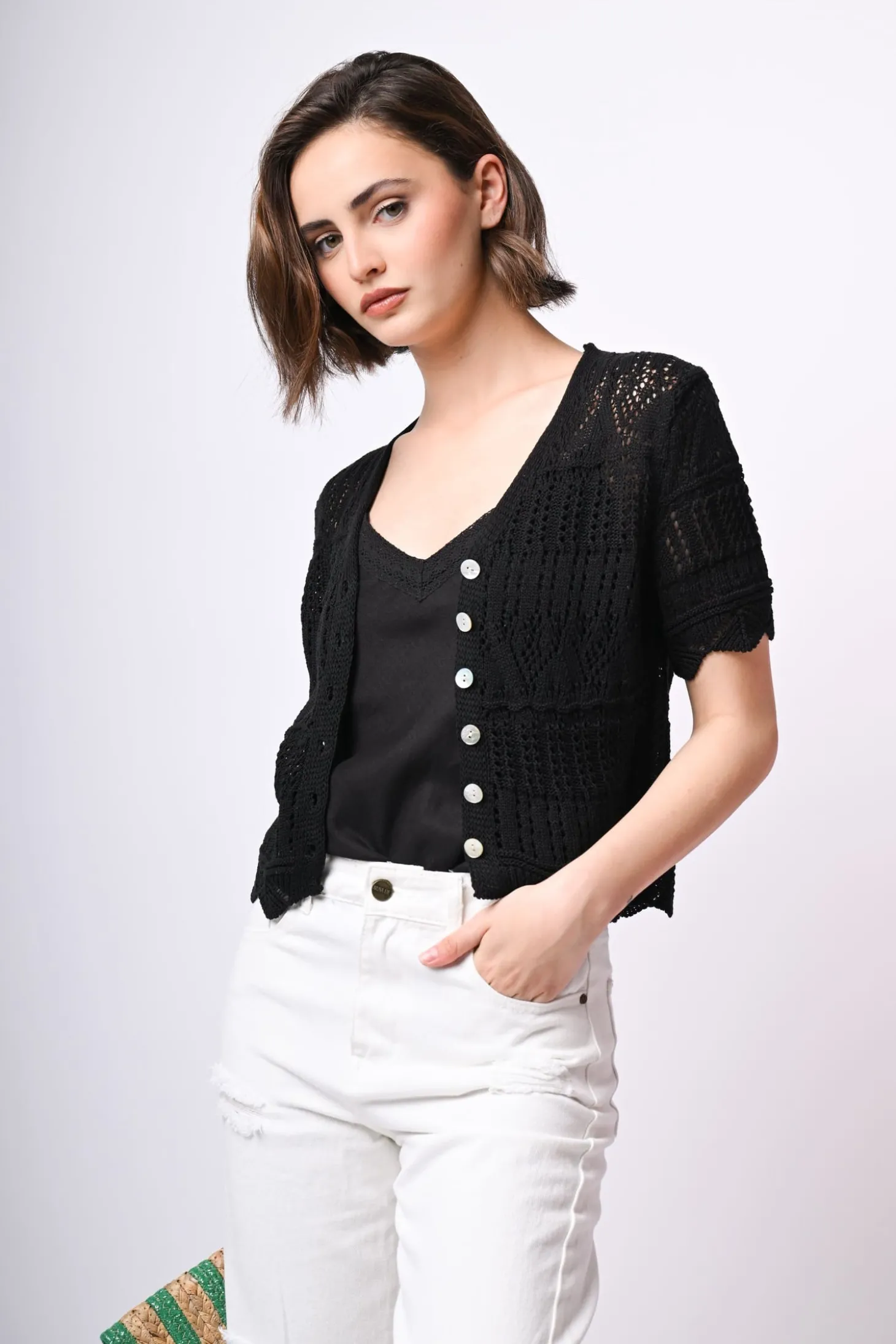 Cardigan crochet a maniche corte