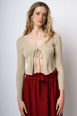 Cardigan in maglia lurex con laccetti