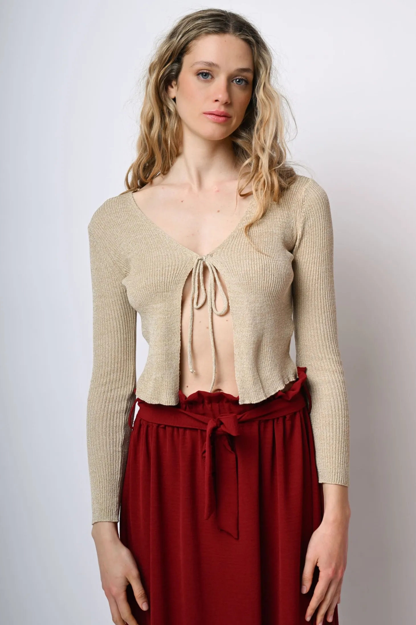 Cardigan in maglia lurex con laccetti