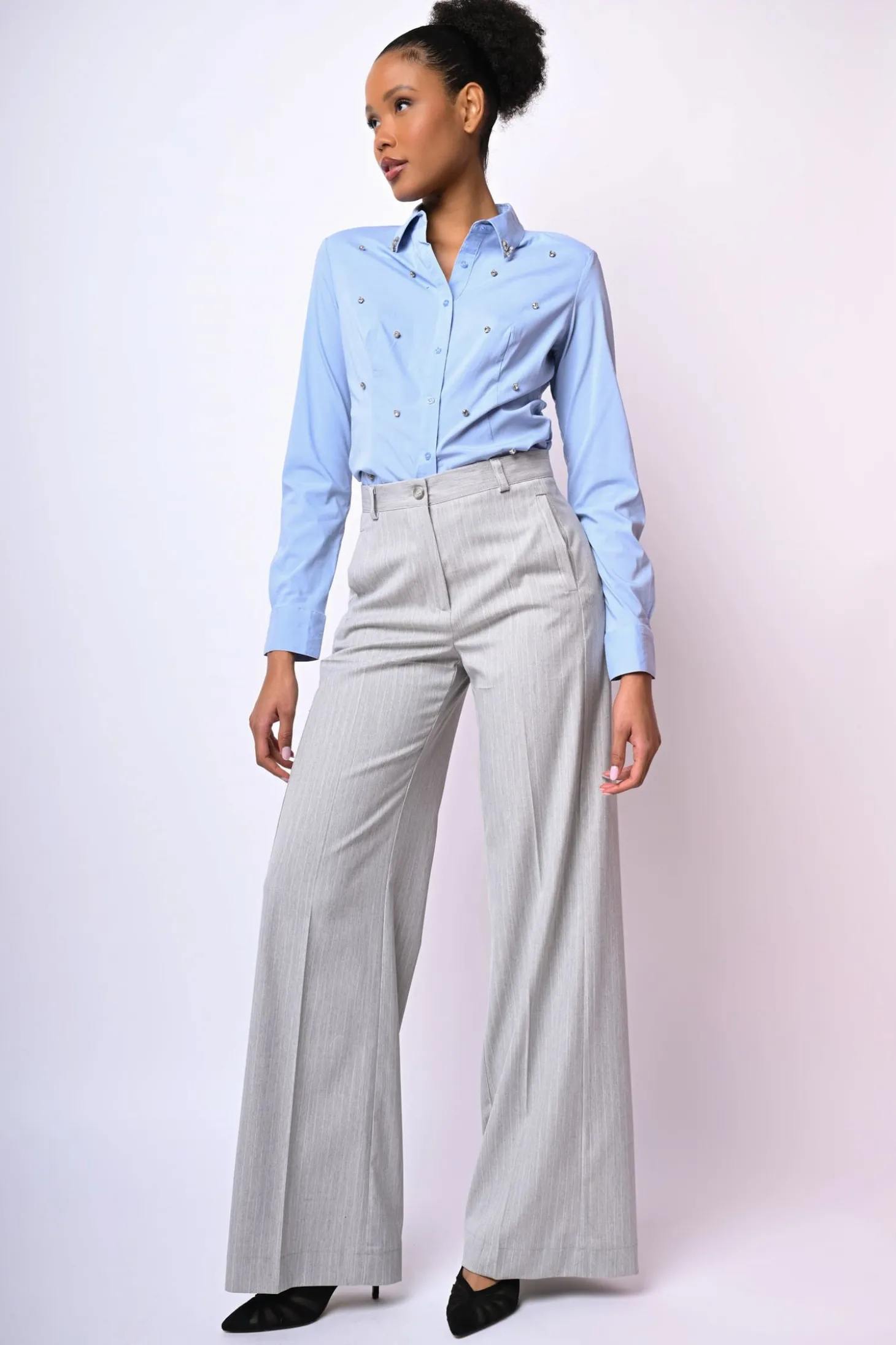Pantaloni palazzo in gessato lurex