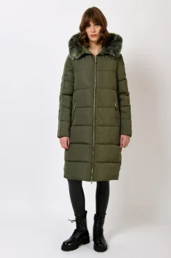 Piumino lungo con cappuccio in faux fur