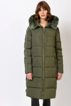 Piumino lungo con cappuccio in faux fur