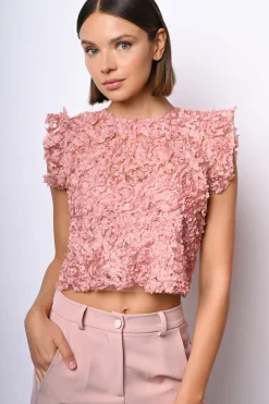 Top crop in pizzo floreale con paillettes