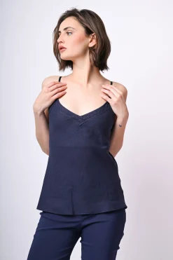 Top in lino e viscosa con pizzo