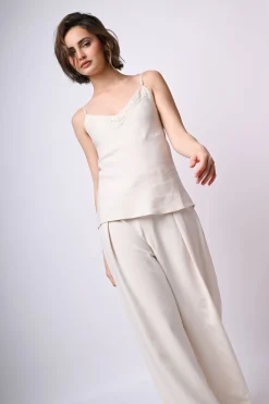 Top in lino e viscosa con pizzo
