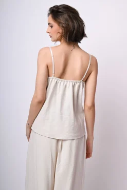 Top in lino e viscosa con pizzo