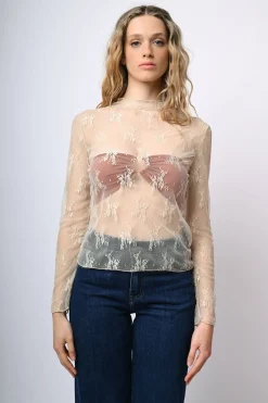 Top in tulle con ricami e scollo a cratere
