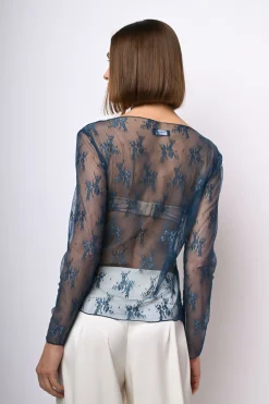 Top in tulle con ricami e scollo a barchetta